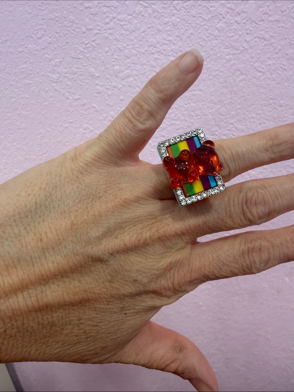 Betsey Johnson Rainbow Stripe Ring with Red Gummy Bear on top - Picture 3 of 7